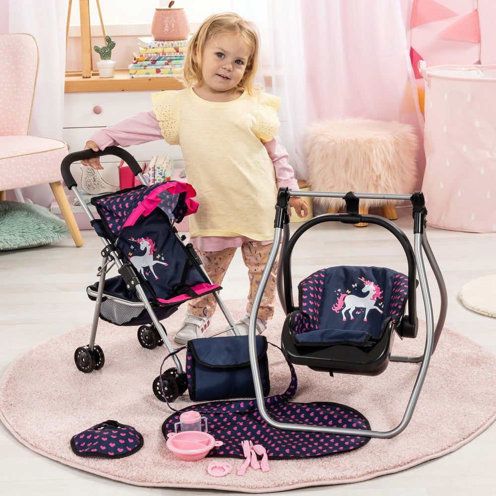 Bayer Design Dolls: 11 Piece Stroller Set - Navy, Pink, Hearts, Unicorn - Image 5