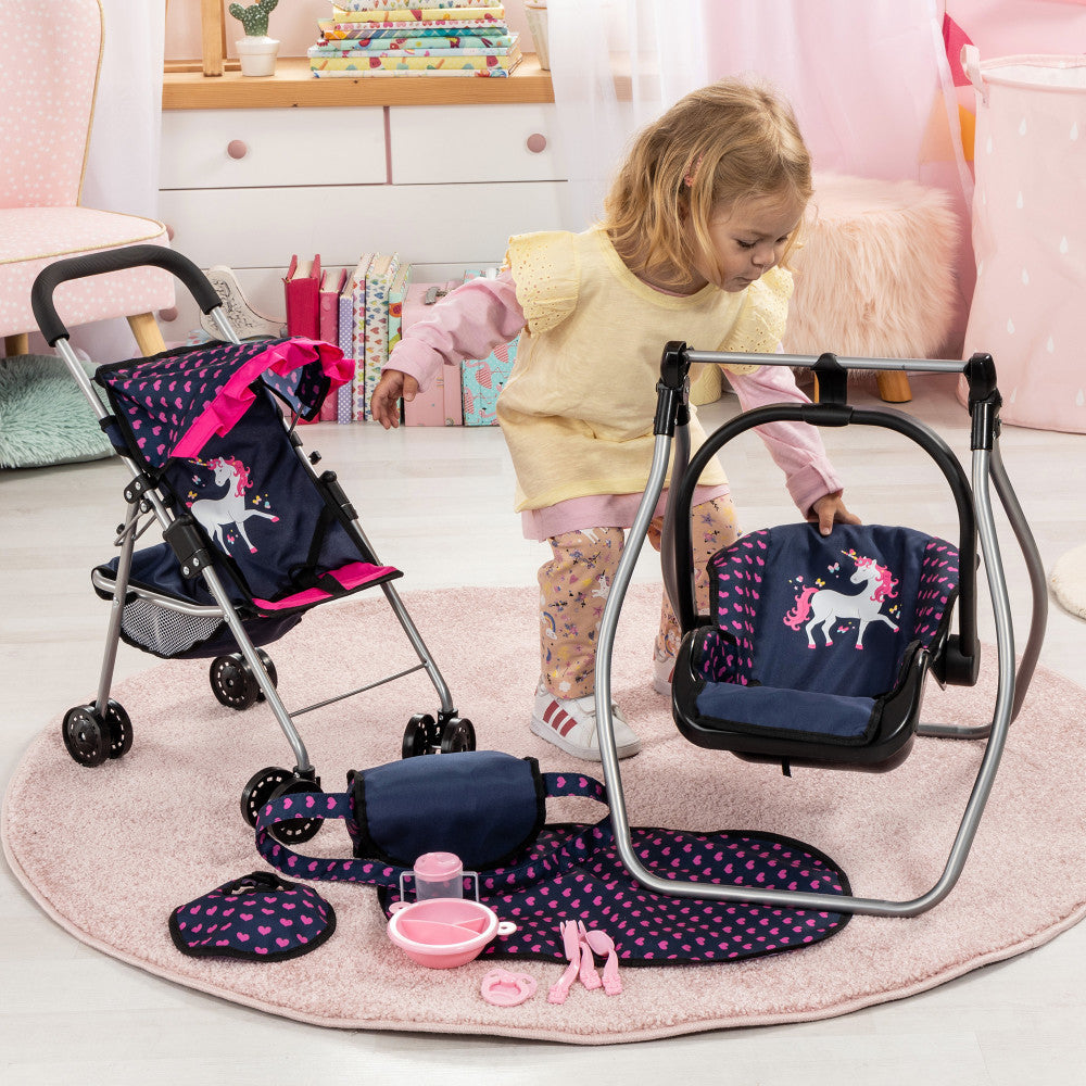 Bayer Design Dolls: 11 Piece Stroller Set - Navy, Pink, Hearts, Unicorn - Image 6