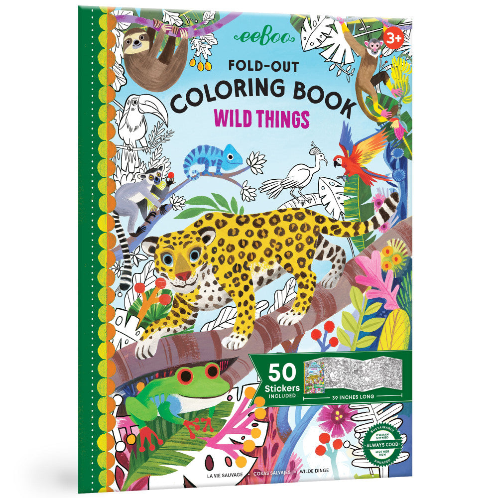 eeBoo Wild Things Fold-Out Coloring Mural Book with 50 Shiny Stickers