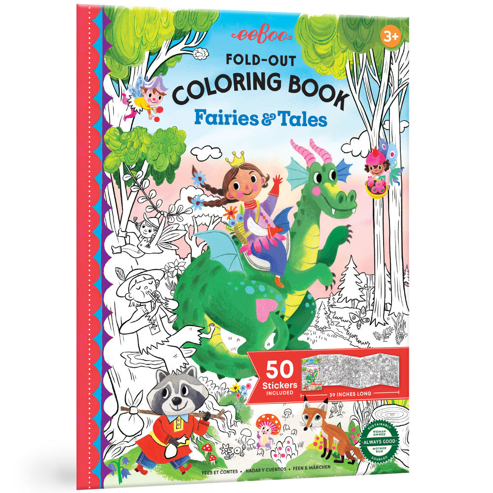 eeBoo Fairies & Tales Fold-Out Coloring Book with Stickers - Ages 3+