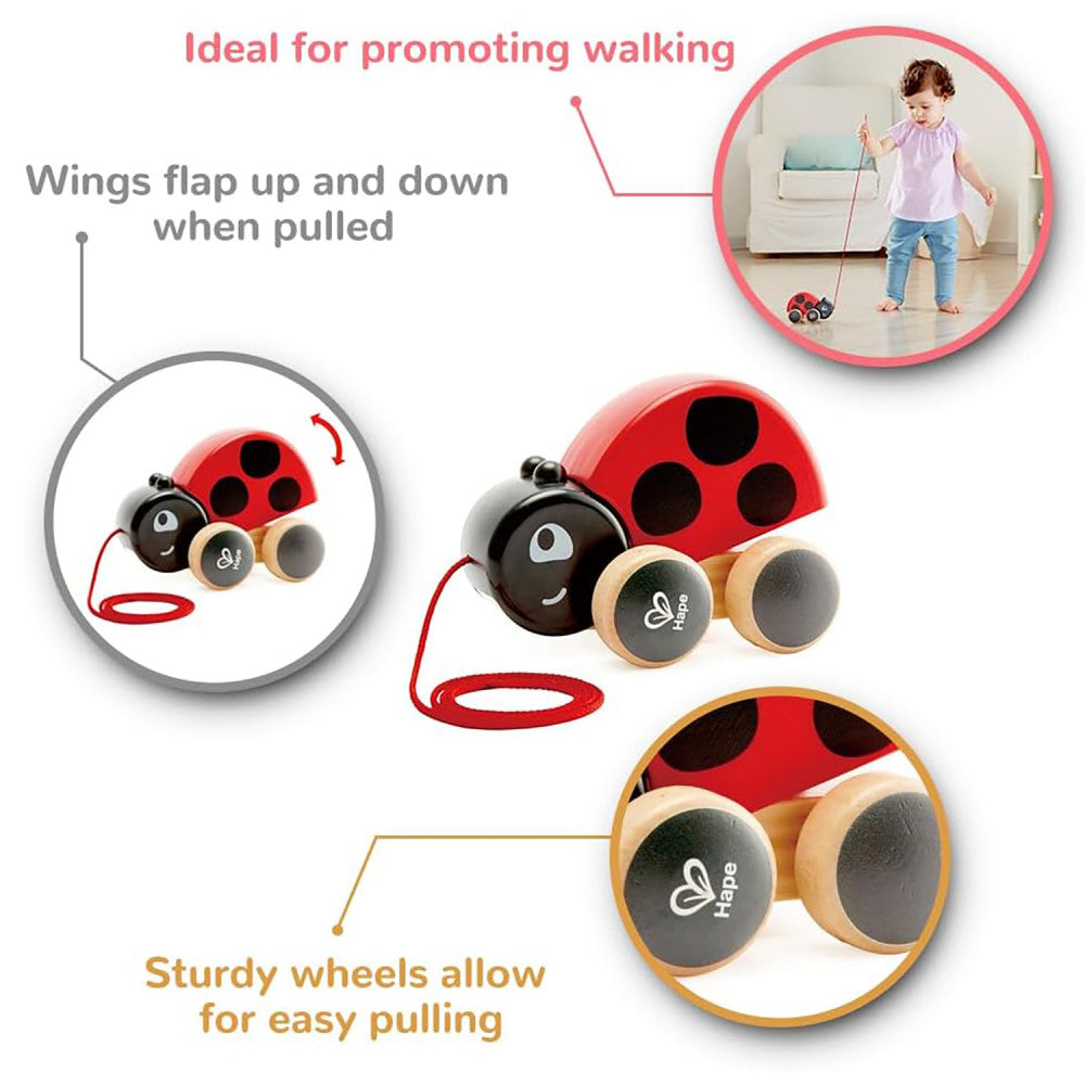 Hape Pull-Along Ladybug ?C Red & Black, Wooden Toy with Moving Wings - Image 2