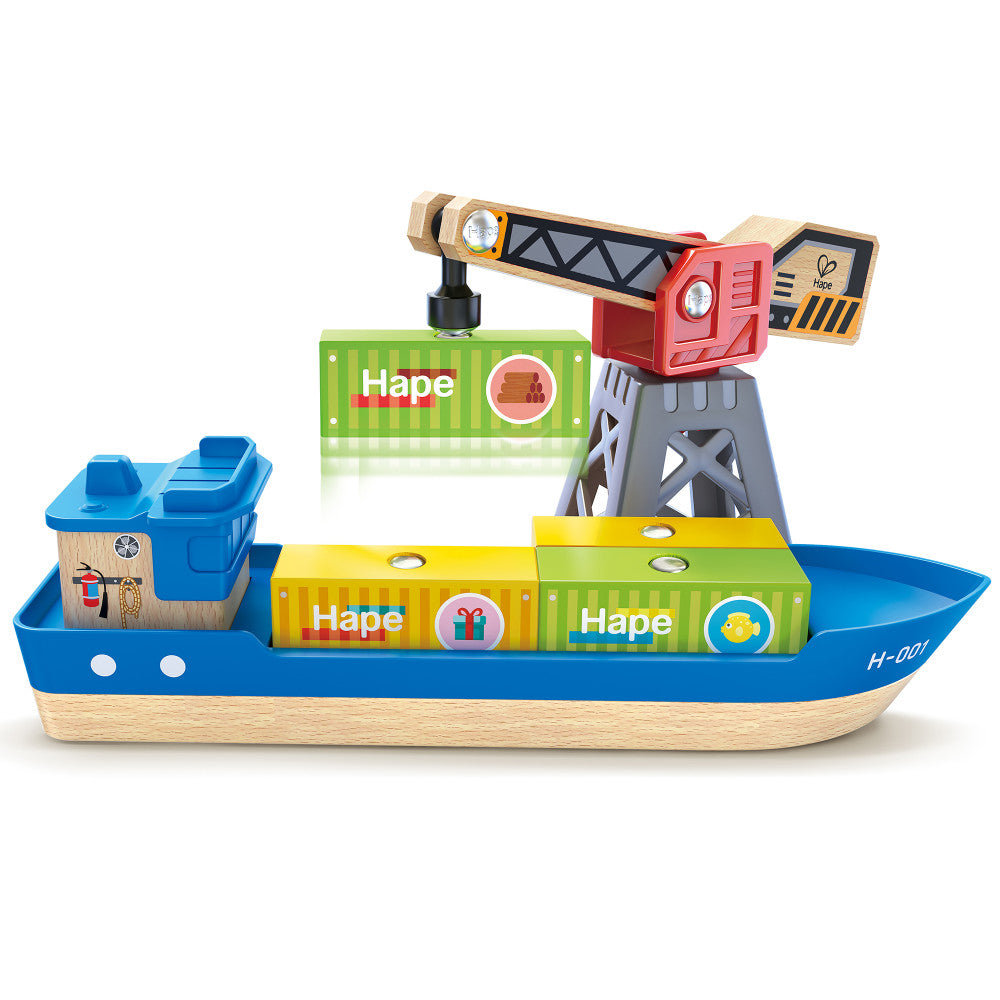 Hape Maritime Cargo Ship & Crane - 6 pc Magnetic Train Set Playset - Image 2