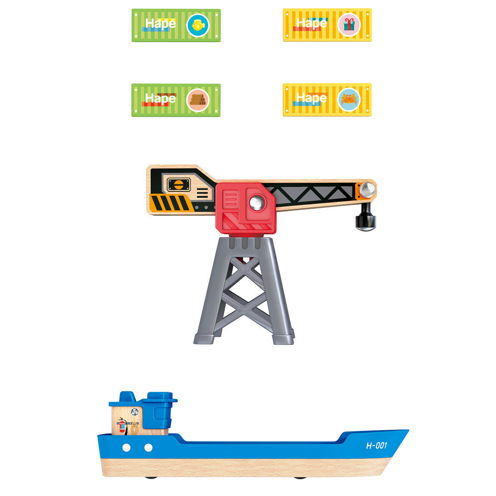 Hape Maritime Cargo Ship & Crane - 6 pc Magnetic Train Set Playset - Image 3