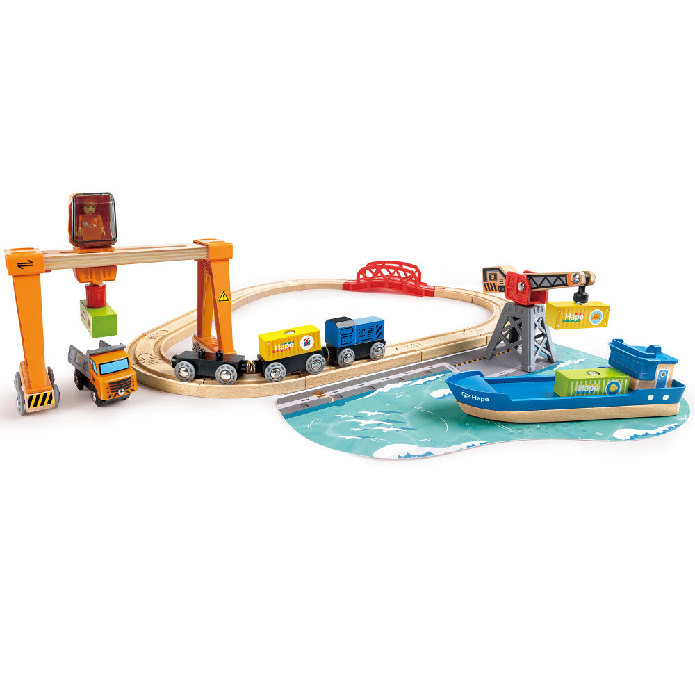 Hape Maritime Cargo Ship & Crane - 6 pc Magnetic Train Set Playset - Image 6