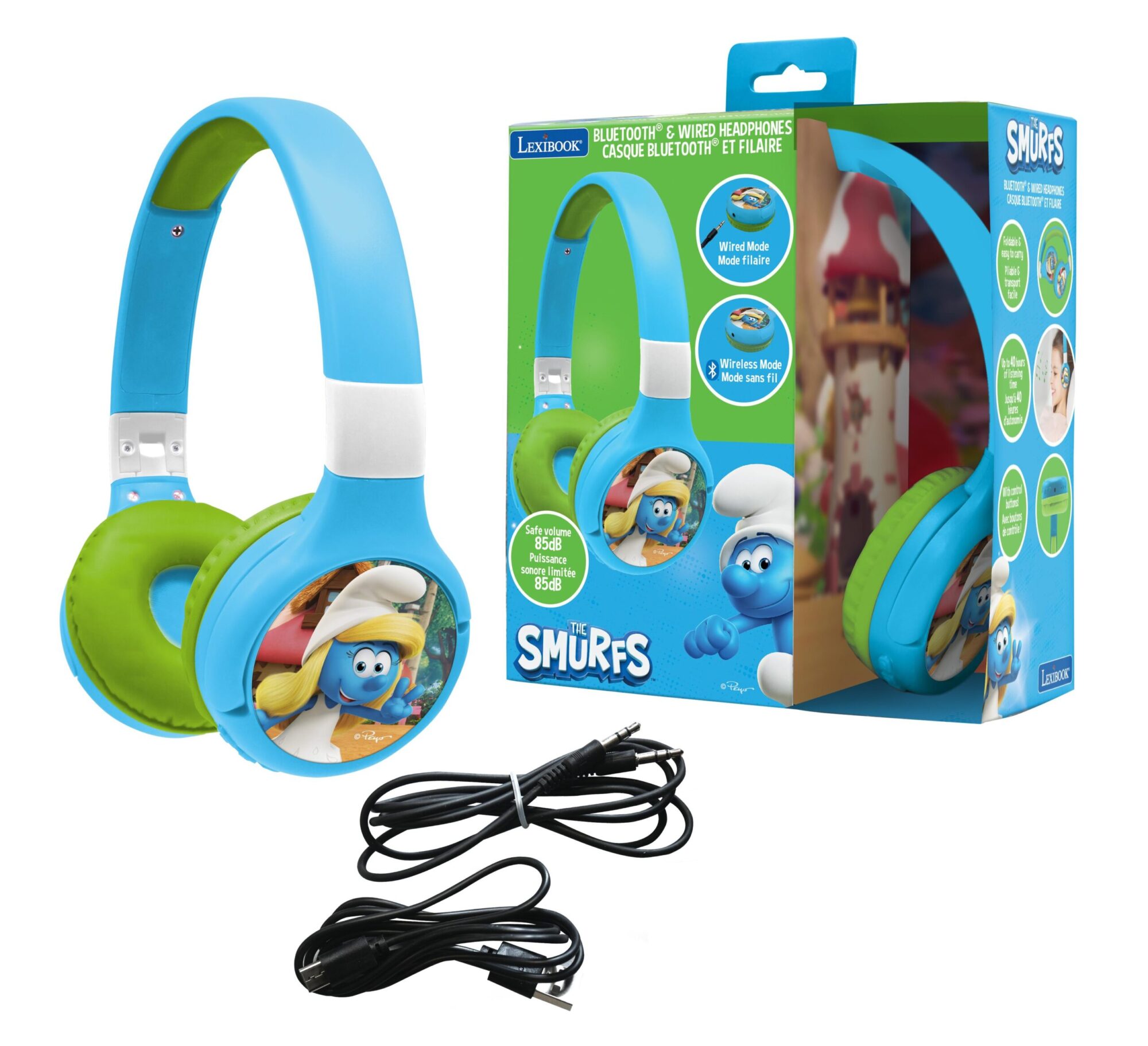 Smurfs-Themed 2-in-1 Bluetooth & Wired Foldable Headphones - Kid-Safe Volume