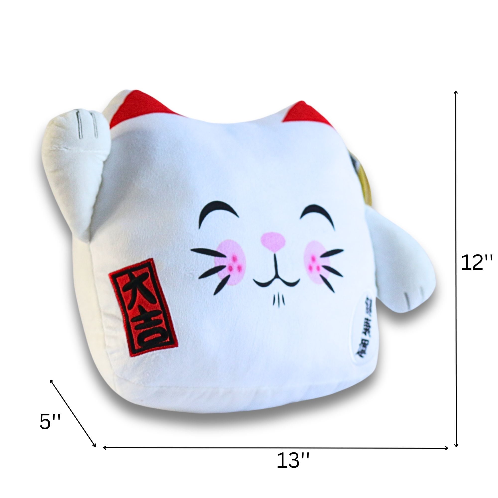 Maneki Neko Lucky Cat White Velboa Cushion 12" Soft Plush - Image 2