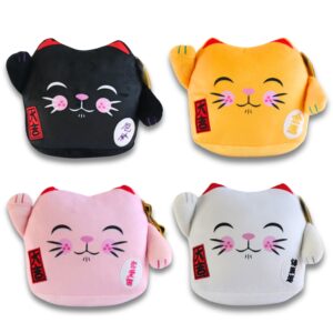 Maneki Neko Gold Velboa Cushion - Closed Eye Design, 8 Inch
