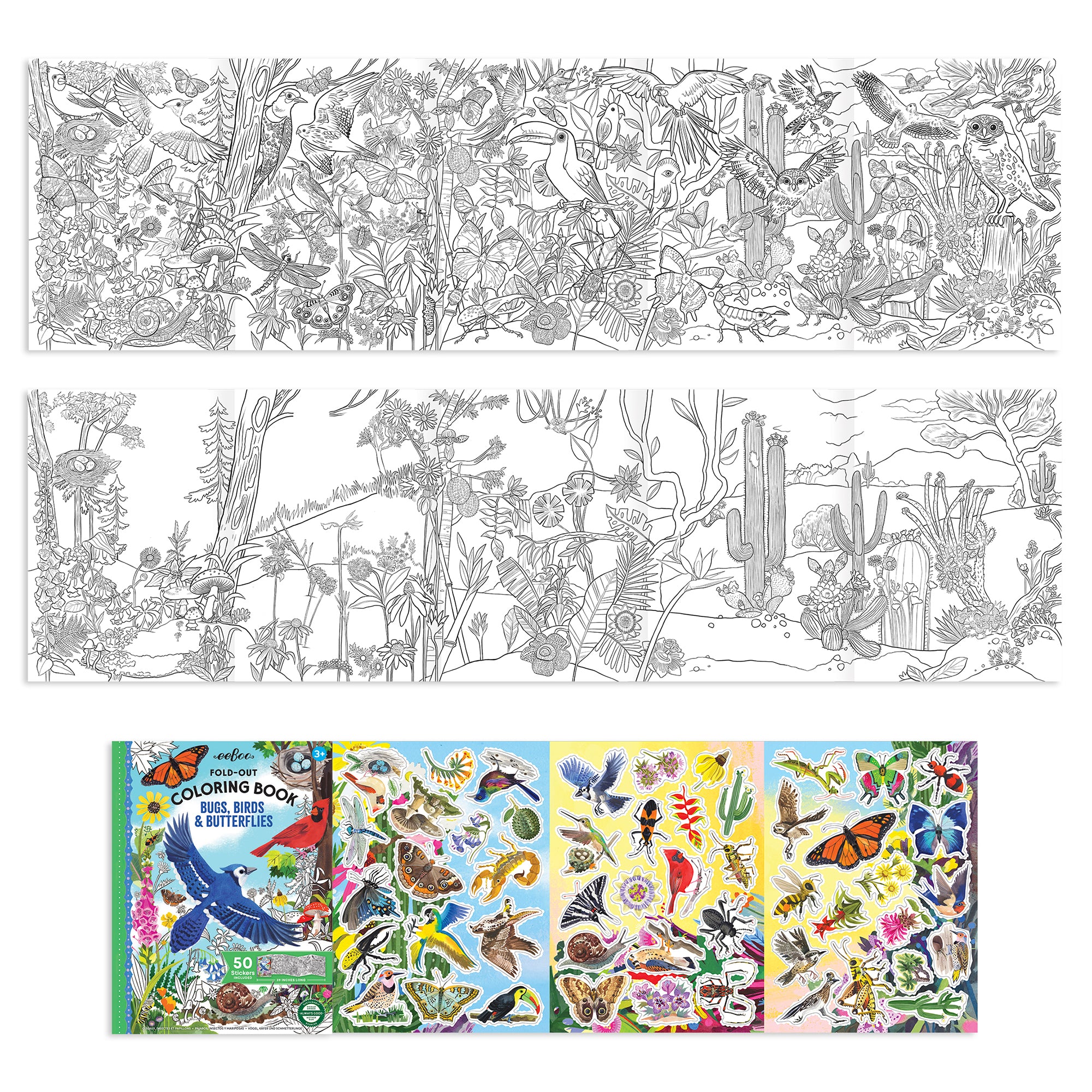 eeBoo Bugs, Birds & Butterflies Fold-Out Coloring Book with 50 Stickers, 39" Space - Image 3