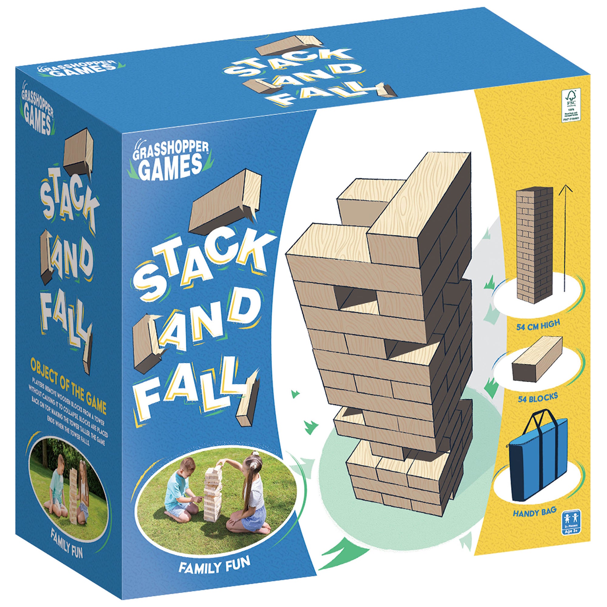 Grasshopper Games Giant Stack 'N' Fall Wooden Block Game with Carry Bag, Family Friendly - Image 2