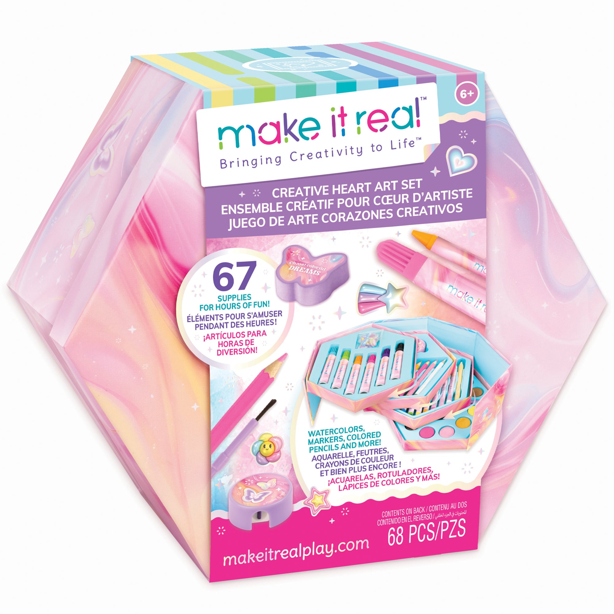 Make It Real Creative Heart Art Studio Set - Hexagon 68pc Kit for Tween Girls